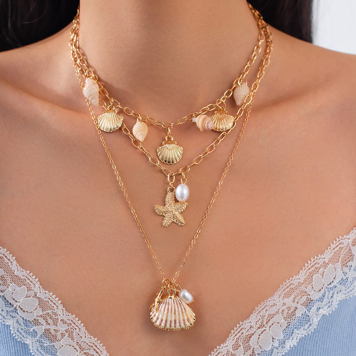 Bohemia 3pcs Conch Shell Starfish Pearl Pendant Necklace Set