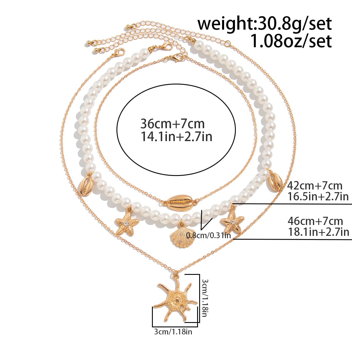 Bohemia 3pcs Conch Shell Starfish Pendant Pearl Chain Necklace Set - ArtGalleryZen