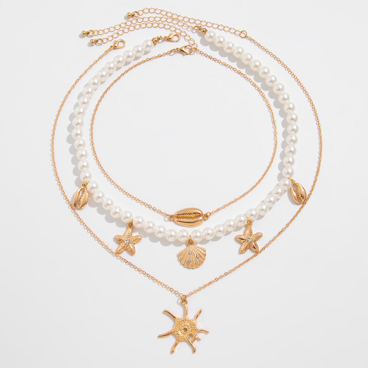Bohemia 3pcs Conch Shell Starfish Pendant Pearl Chain Necklace Set - ArtGalleryZen