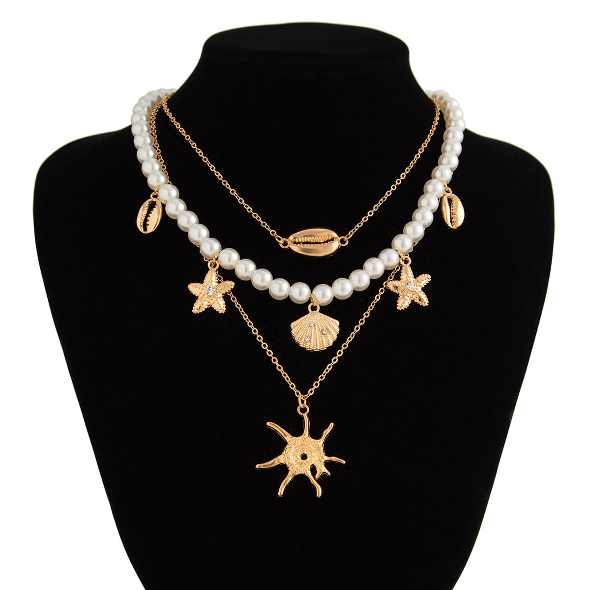 Bohemia 3pcs Conch Shell Starfish Pendant Pearl Chain Necklace Set - ArtGalleryZen