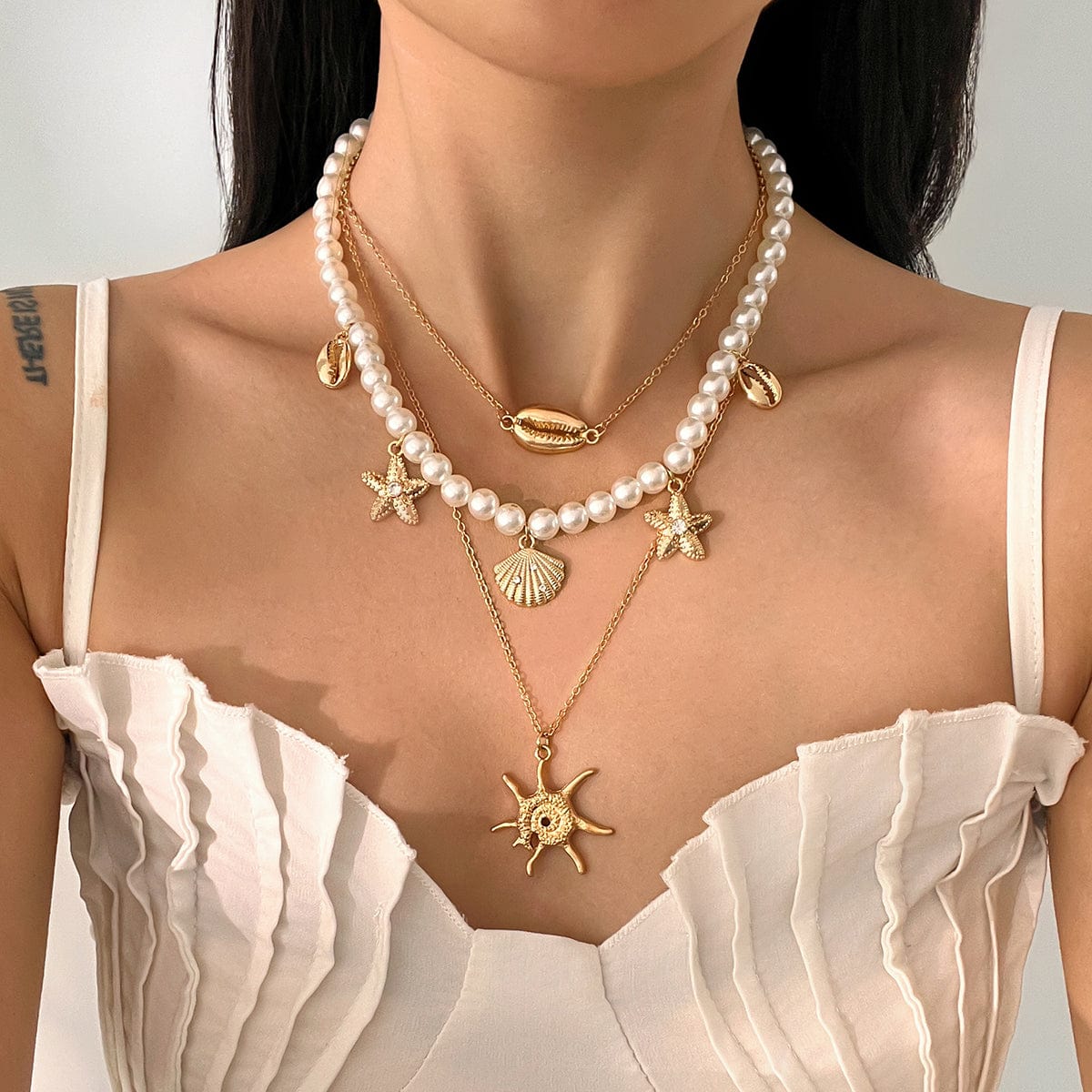Bohemia 3pcs Conch Shell Starfish Pendant Pearl Chain Necklace Set - ArtGalleryZen