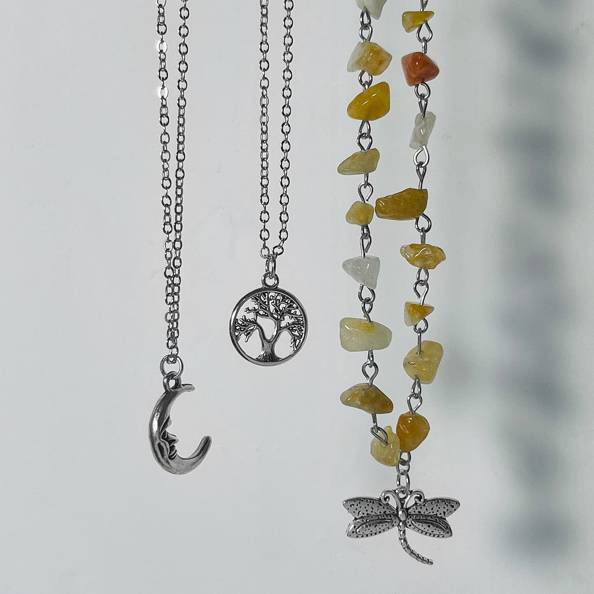 Bohemia 3Pcs Dragonfly Moon Tree Pendant Turquoise Stone Necklace Set - ArtGalleryZen