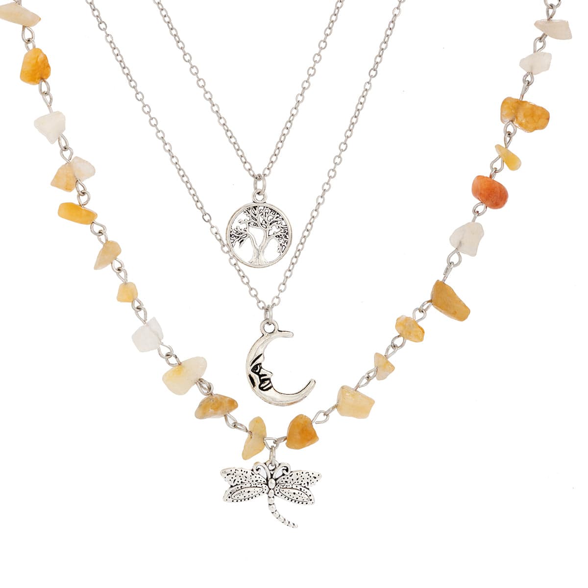 Bohemia 3Pcs Dragonfly Moon Tree Pendant Turquoise Stone Necklace Set - ArtGalleryZen