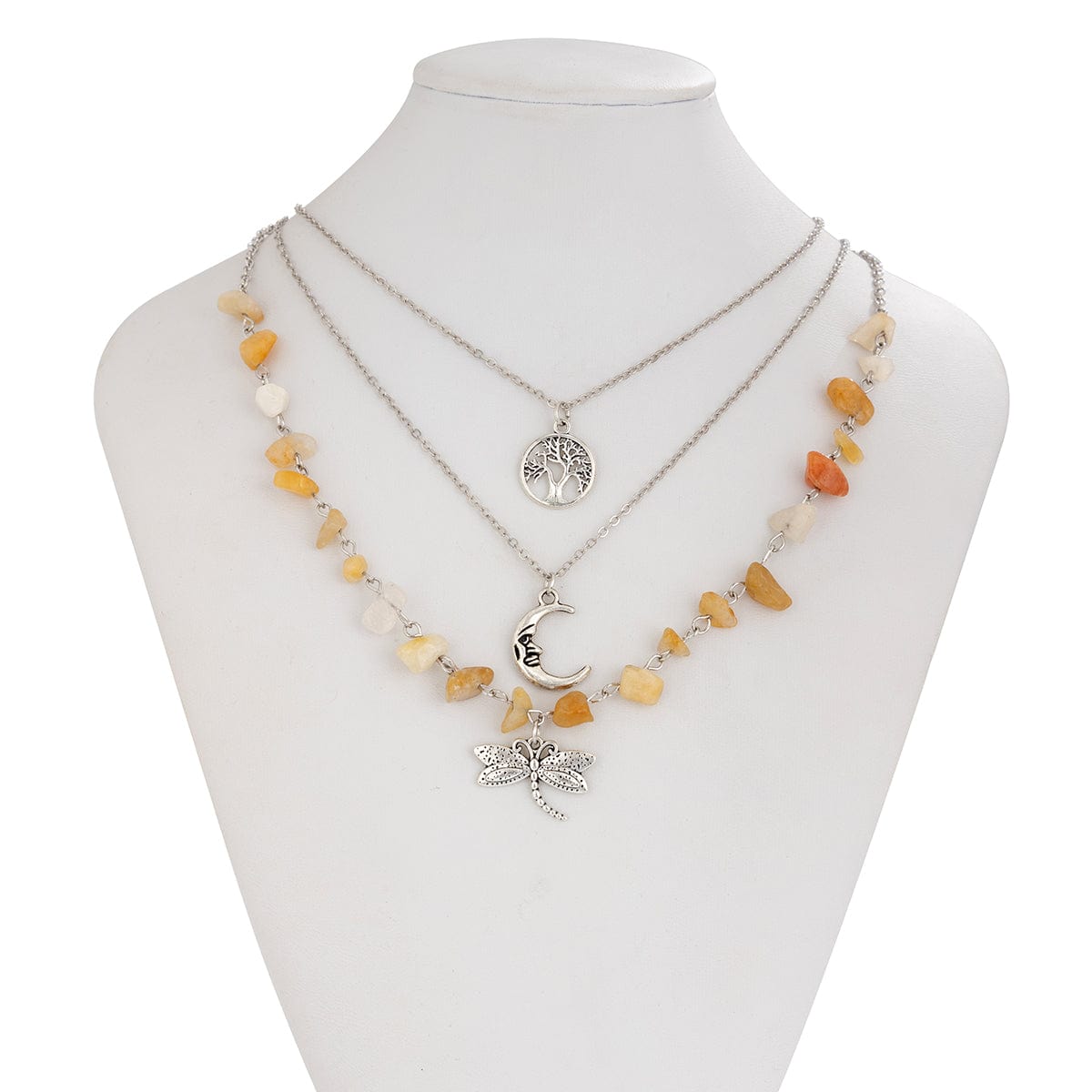 Bohemia 3Pcs Dragonfly Moon Tree Pendant Turquoise Stone Necklace Set - ArtGalleryZen