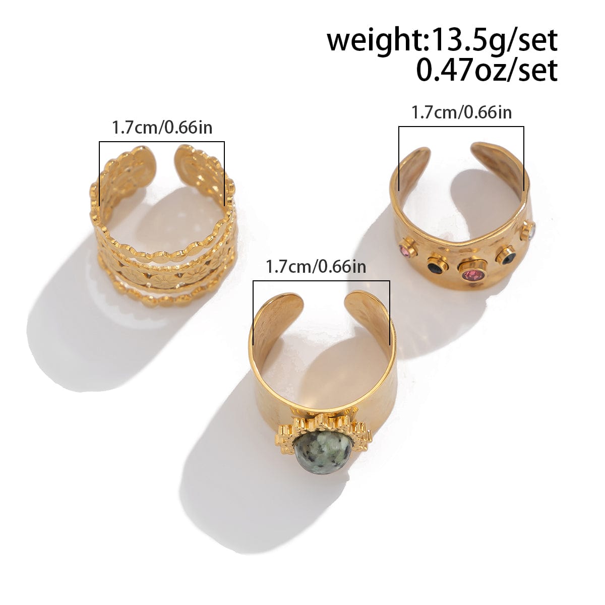 Bohemia 3pcs Natural Stone Inlaid Hollow Wide Open Ring Set - ArtGalleryZen