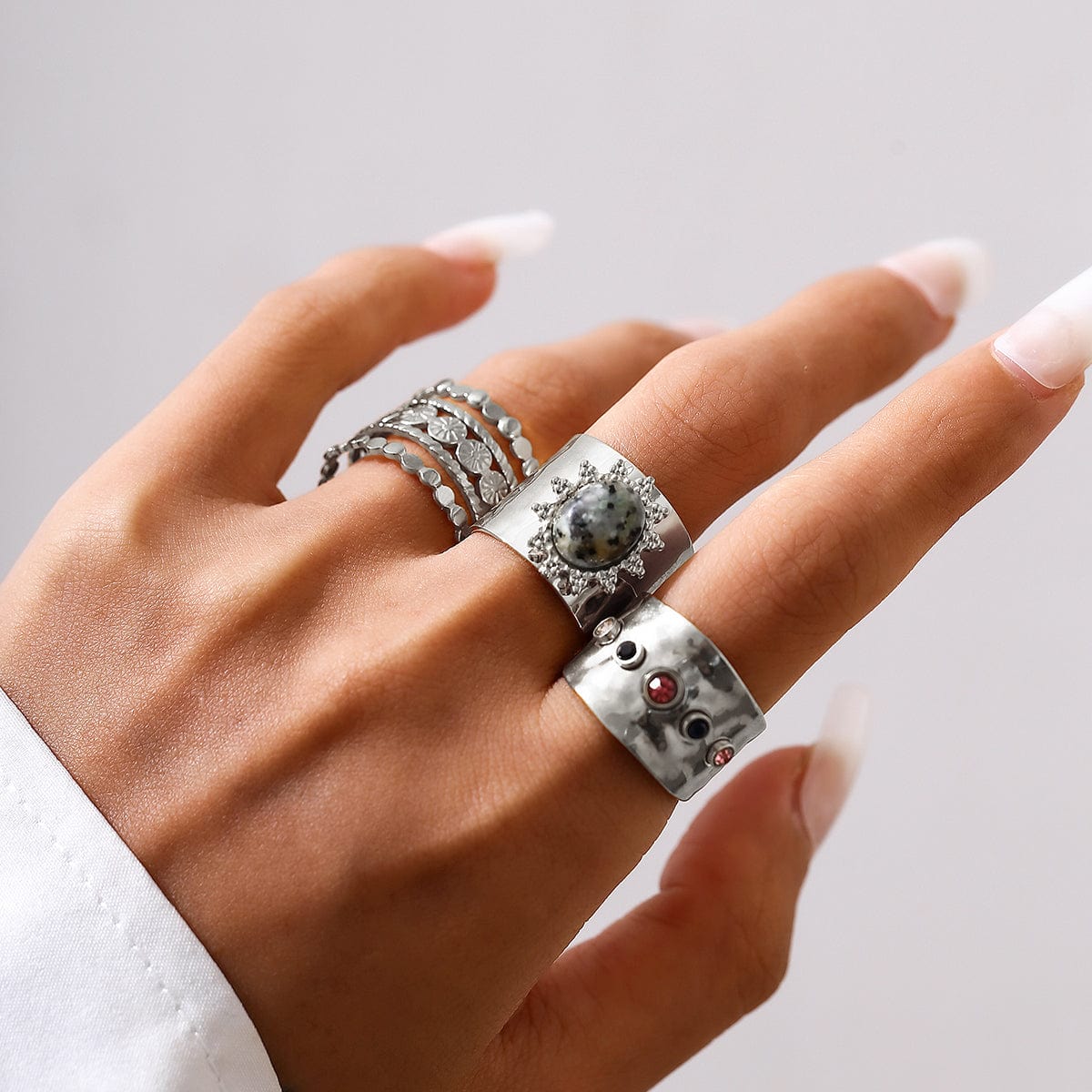 Bohemia 3pcs Natural Stone Inlaid Hollow Wide Open Ring Set