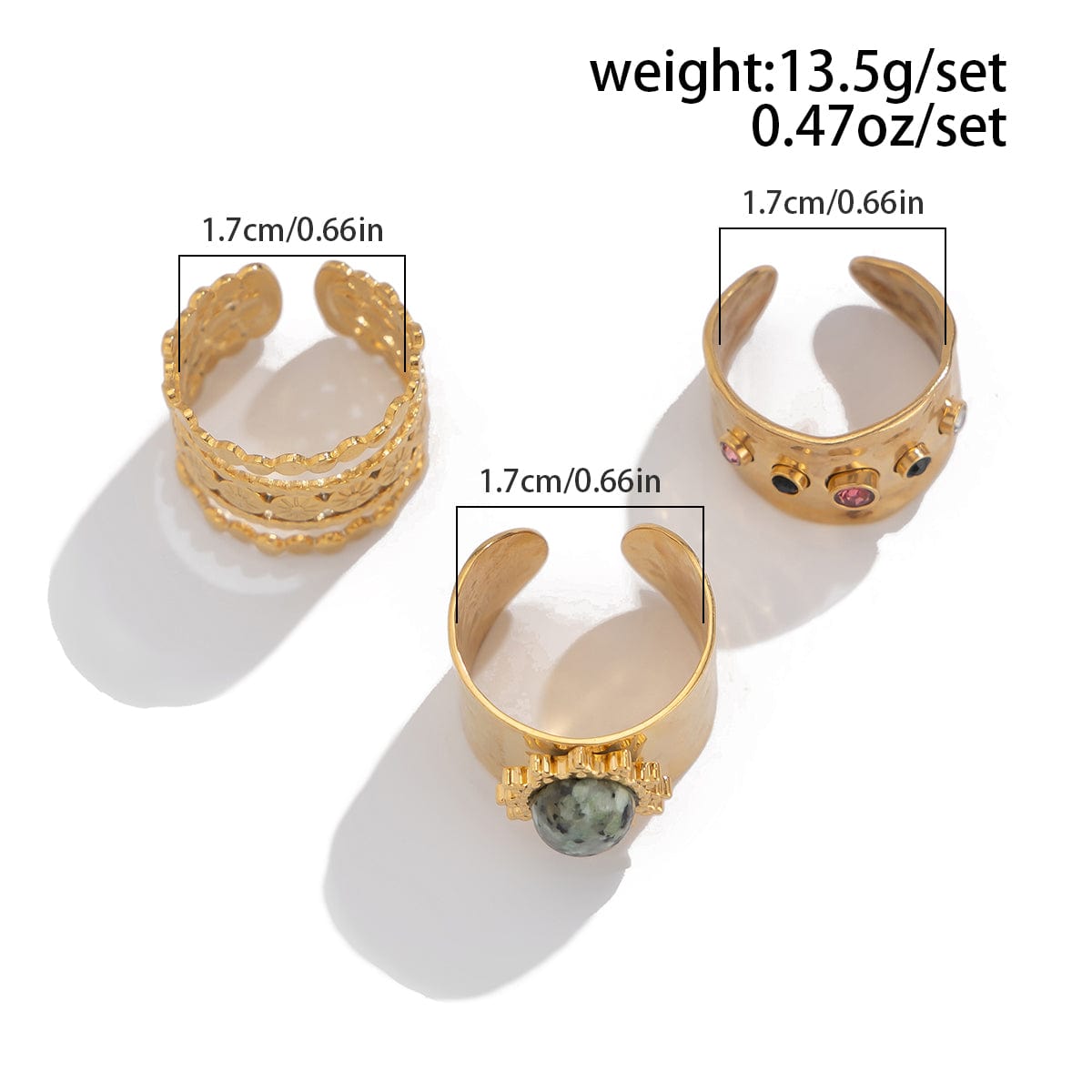 Bohemia 3pcs Natural Stone Inlaid Hollow Wide Open Ring Set