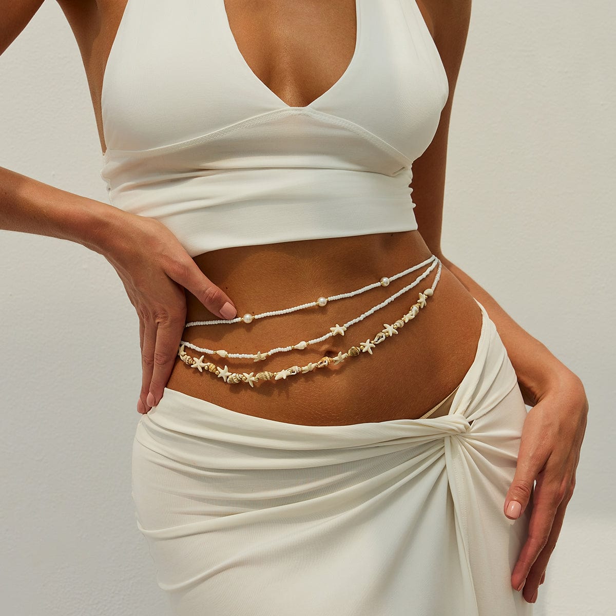 Bohemia 3pcs Pearl Conch Starfish Seed Beaded Waist Chain Set - ArtGalleryZen