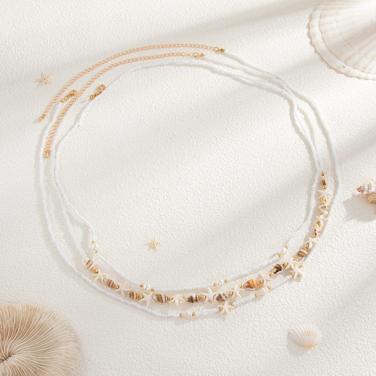 Bohemia 3pcs Pearl Conch Starfish Seed Beaded Waist Chain Set - ArtGalleryZen