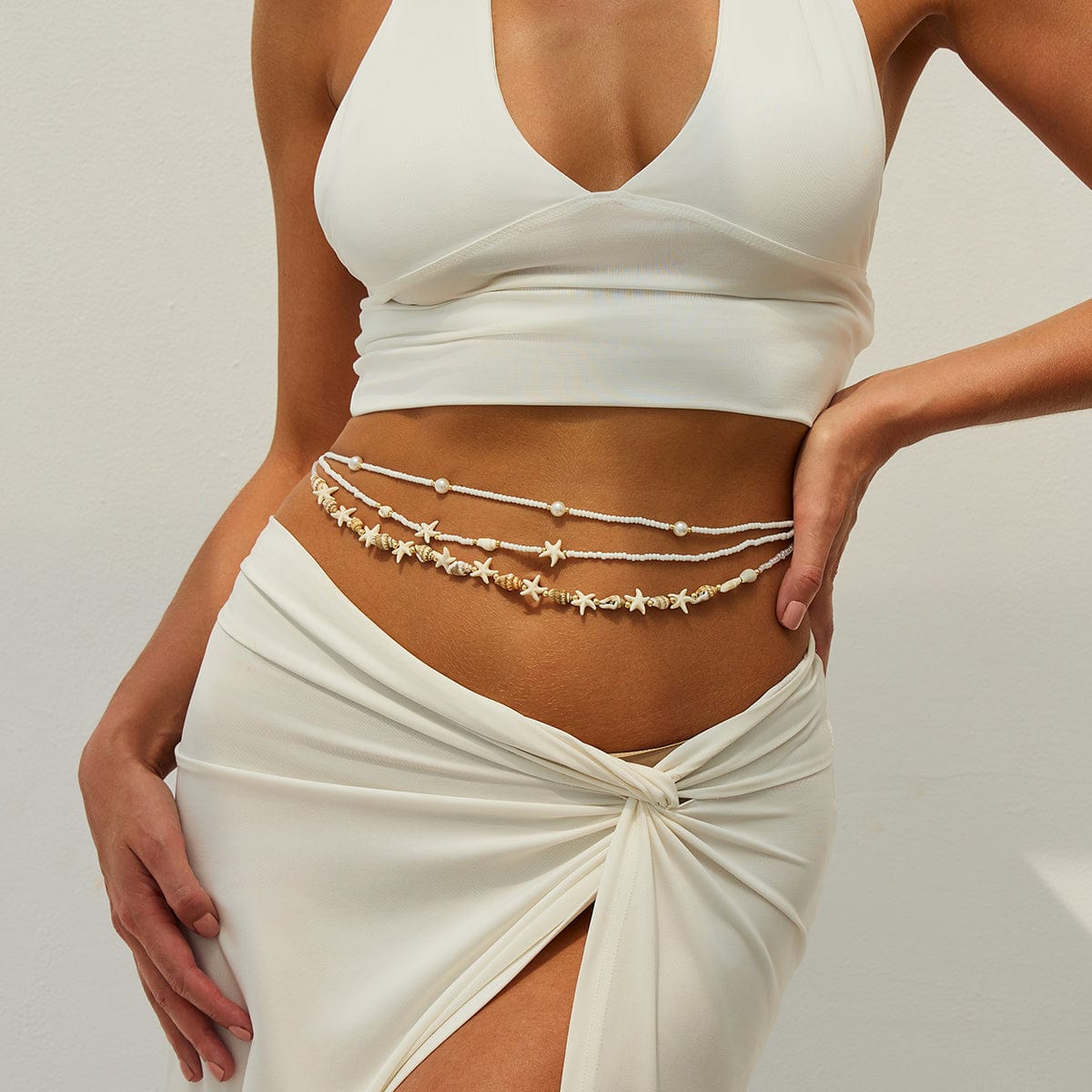 Bohemia 3pcs Pearl Conch Starfish Seed Beaded Waist Chain Set - ArtGalleryZen