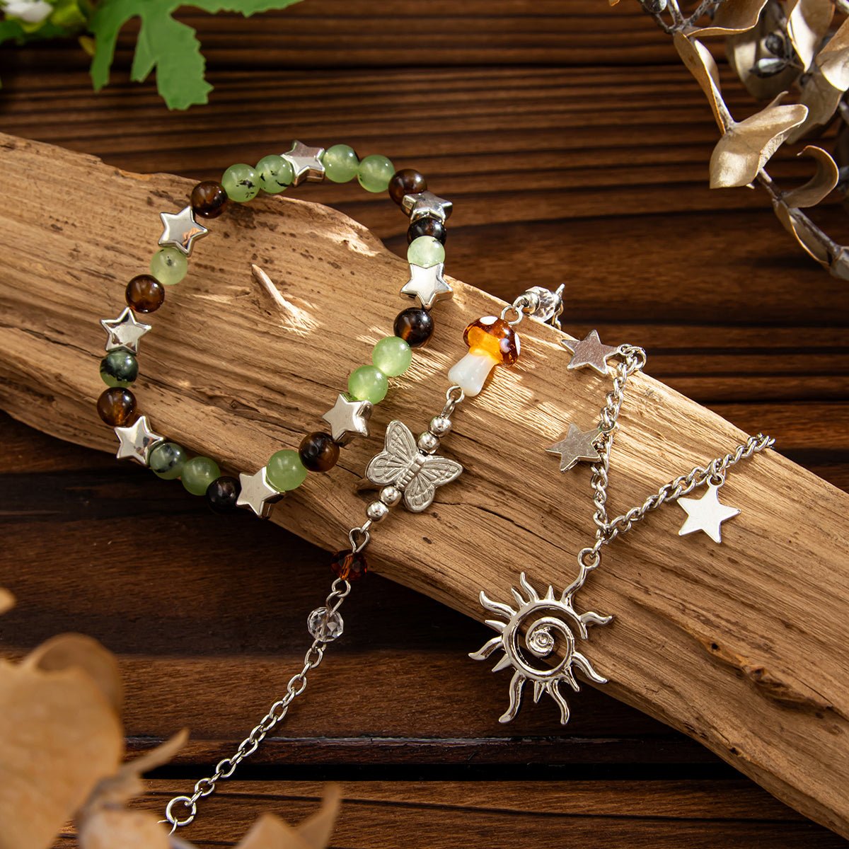 Bohemia 3pcs Sun Star Mushroom Charm Glass Beaded Bracelet Set - ArtGalleryZen