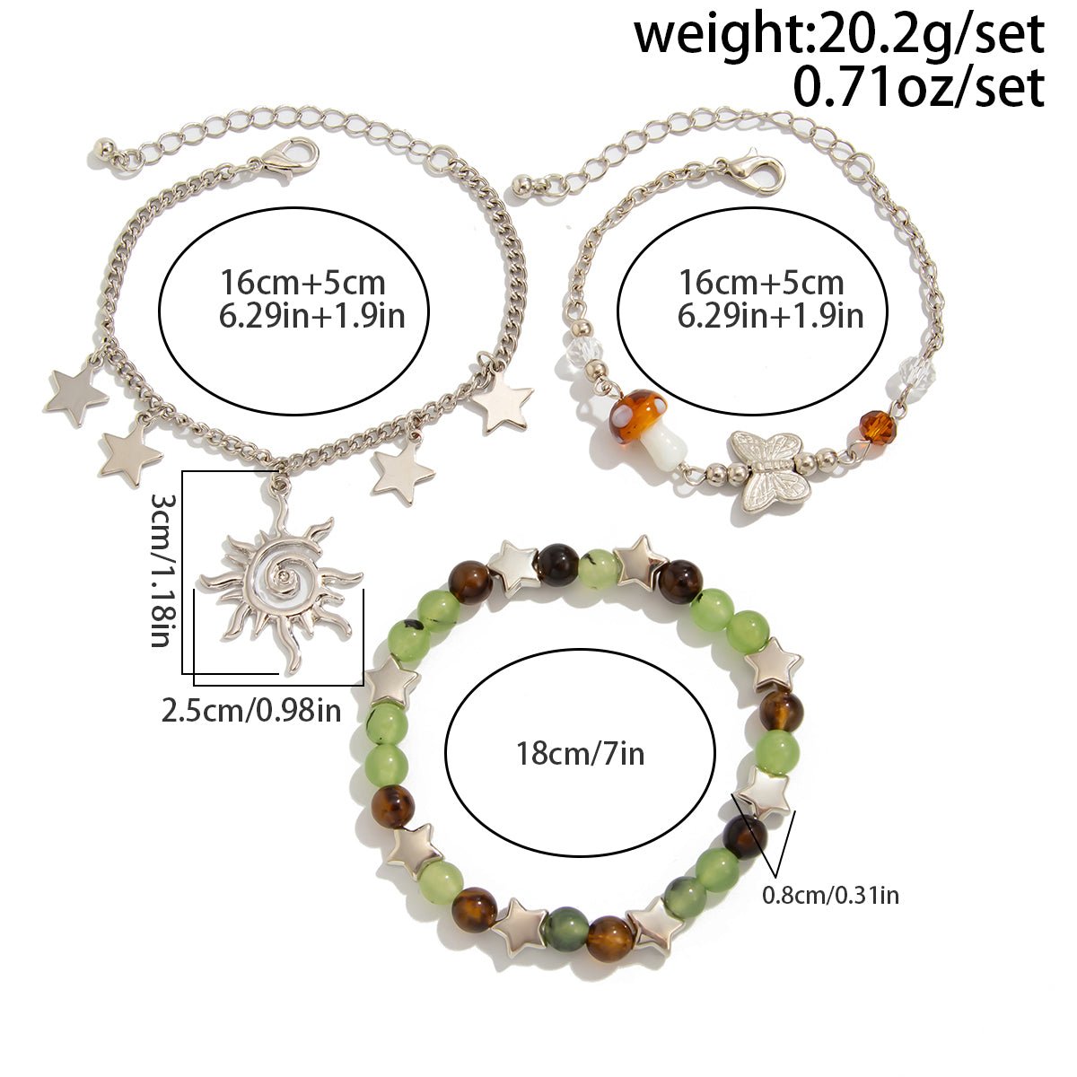 Bohemia 3pcs Sun Star Mushroom Charm Glass Beaded Bracelet Set - ArtGalleryZen