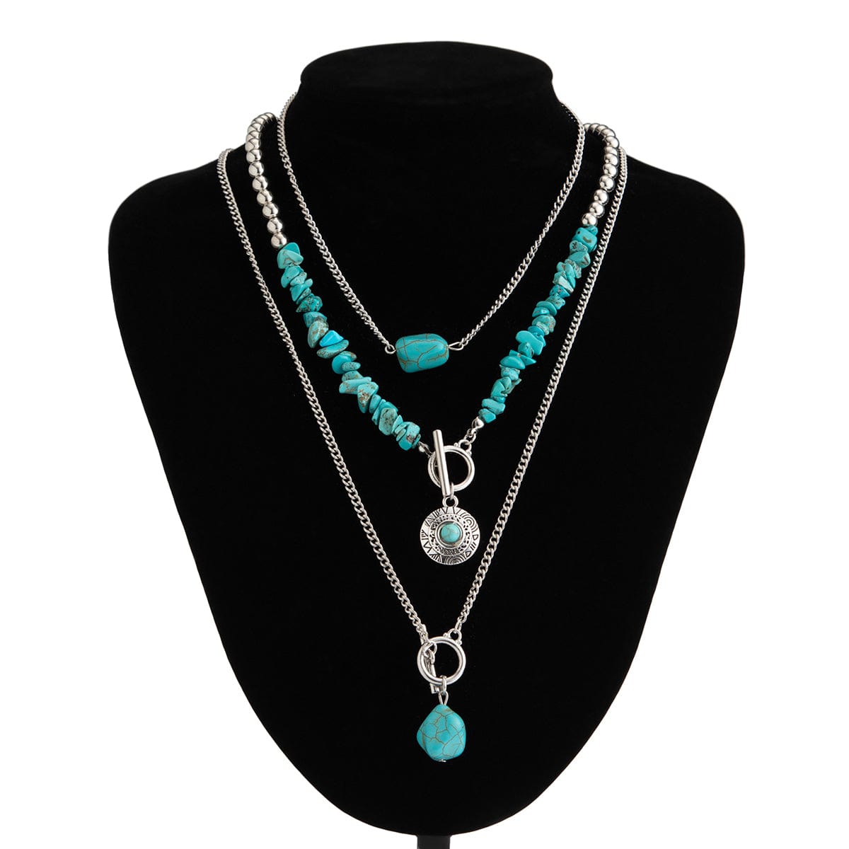 Bohemia 3pcs Toggle Clasp Turquoise Round Disc Pendant Necklace Set