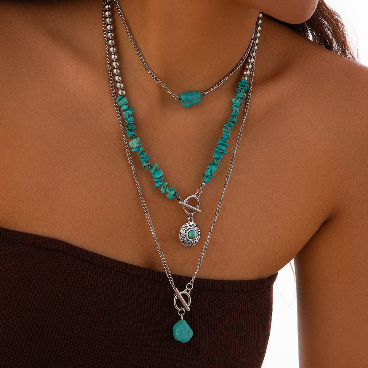 Bohemia 3pcs Toggle Clasp Turquoise Round Disc Pendant Necklace Set