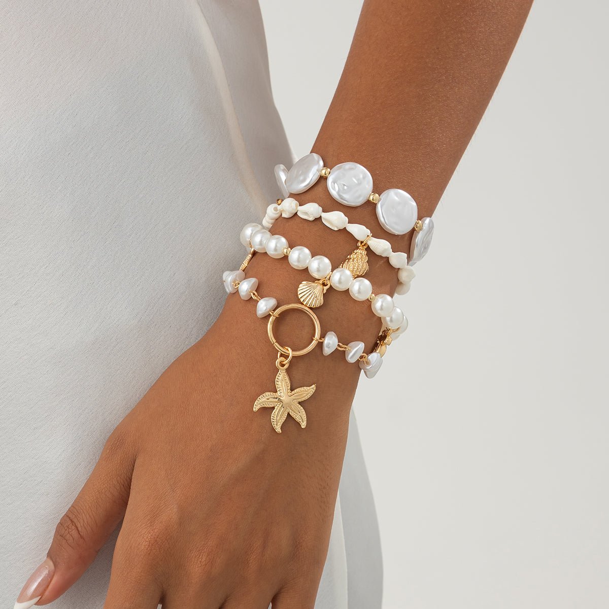 Bohemia 4pcs Coconut Tree Conch Shell Starfish Pearl Chain Bracelet Set - ArtGalleryZen