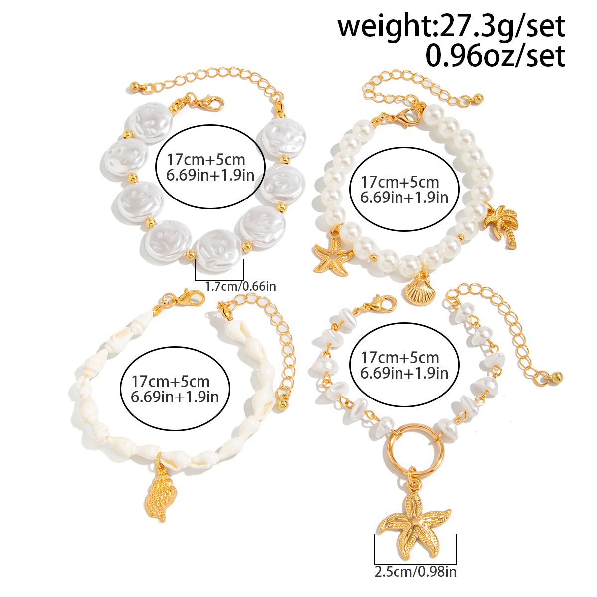 Bohemia 4pcs Coconut Tree Conch Shell Starfish Pearl Chain Bracelet Set - ArtGalleryZen