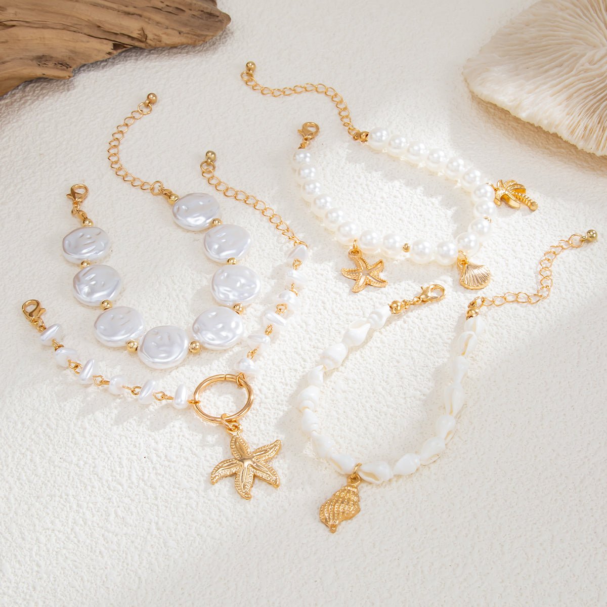 Bohemia 4pcs Coconut Tree Conch Shell Starfish Pearl Chain Bracelet Set - ArtGalleryZen
