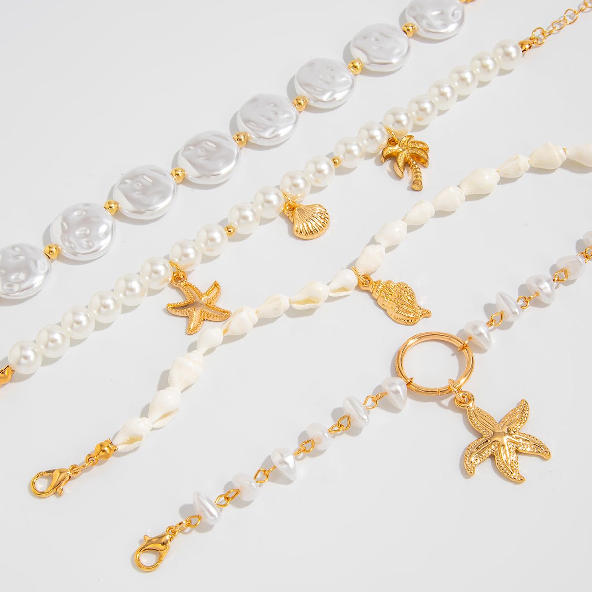 Bohemia 4pcs Coconut Tree Conch Shell Starfish Pearl Chain Bracelet Set - ArtGalleryZen