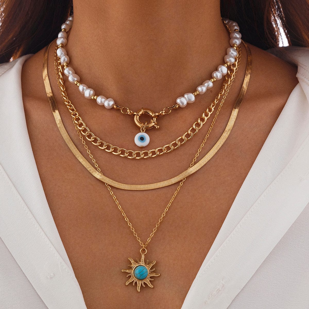 Bohemia 4pcs Evil Eye Turquoise Sun Pendant Pearl Chain Necklace Set