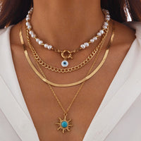 Thumbnail for Bohemia 4pcs Evil Eye Turquoise Sun Pendant Pearl Chain Necklace Set