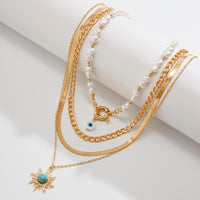 Thumbnail for Bohemia 4pcs Evil Eye Turquoise Sun Pendant Pearl Chain Necklace Set