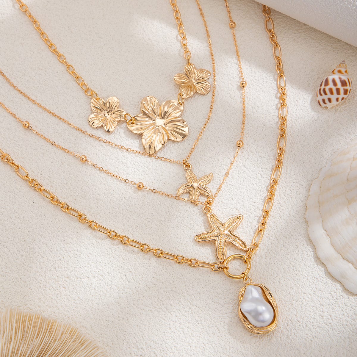 Bohemia 4pcs Irregular Pearl Flower Starfish Pendant Necklace Set - ArtGalleryZen