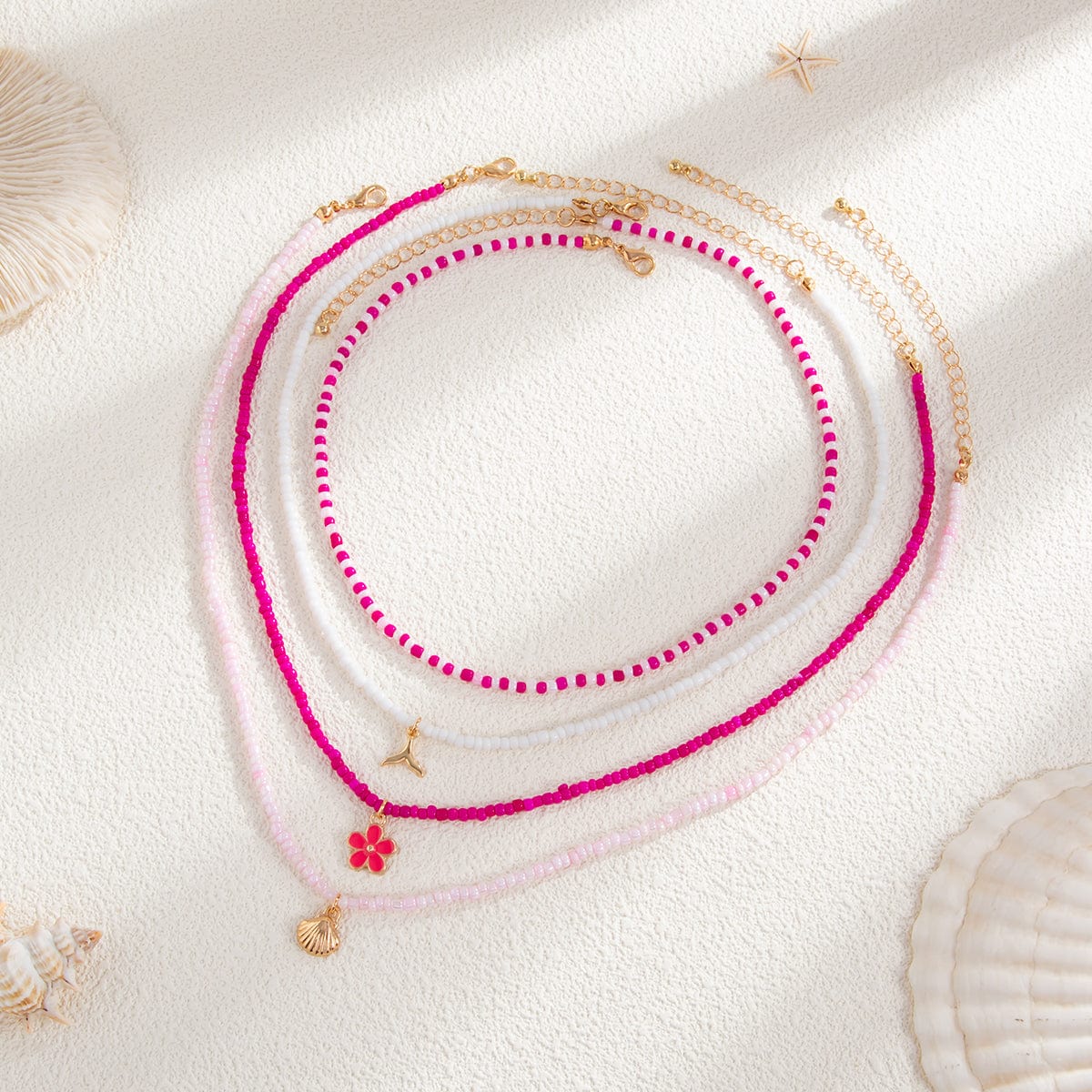 Bohemia 4pcs Mermaid Shell Enamel Flower Pendant Seed Beaded Necklace Set - ArtGalleryZen