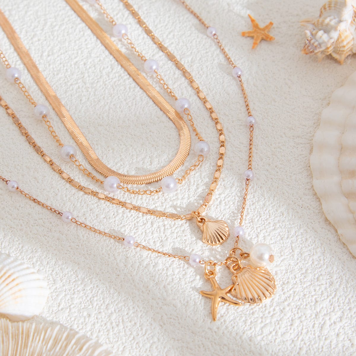Bohemia 4pcs Shell Starfish Charm Pearl Snake Chain Necklace Set - ArtGalleryZen