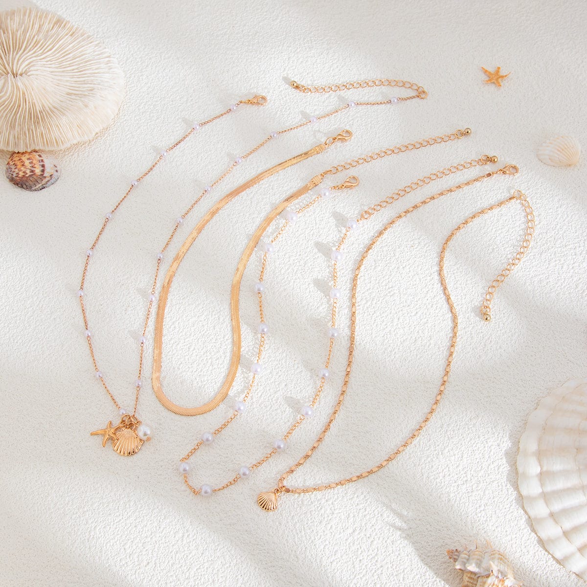 Bohemia 4pcs Shell Starfish Charm Pearl Snake Chain Necklace Set