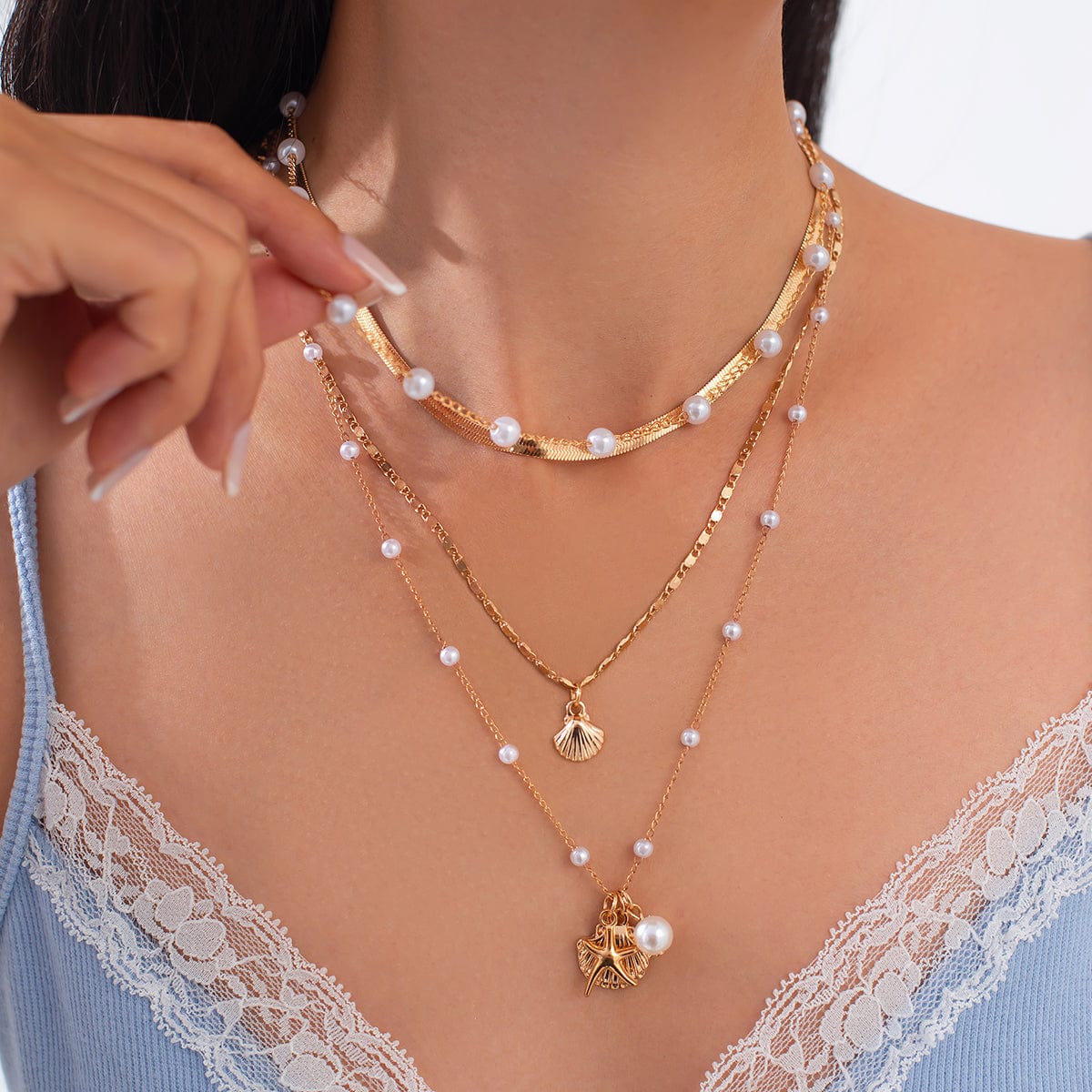 Bohemia 4pcs Shell Starfish Charm Pearl Snake Chain Necklace Set