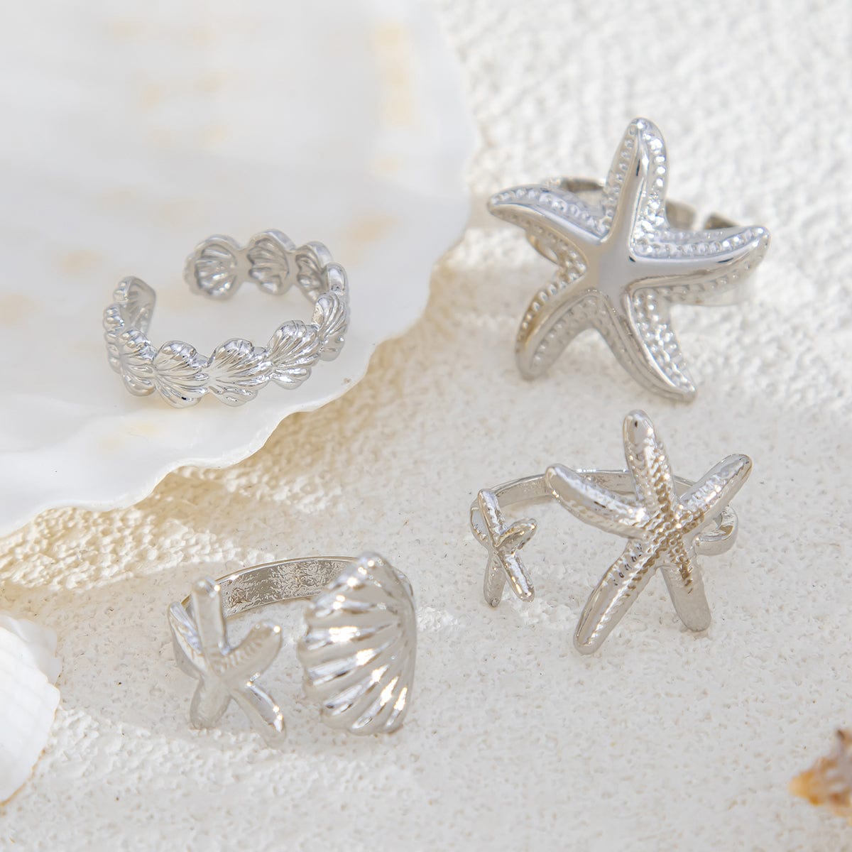 Bohemia 4pcs Starfish Shell Stackable Open Ring Set - ArtGalleryZen