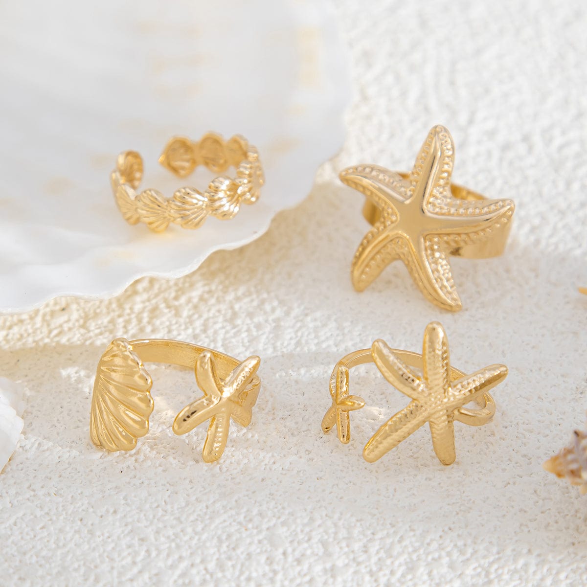 Bohemia 4pcs Starfish Shell Stackable Open Ring Set - ArtGalleryZen