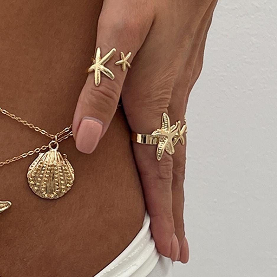 Bohemia 4pcs Starfish Shell Stackable Open Ring Set - ArtGalleryZen