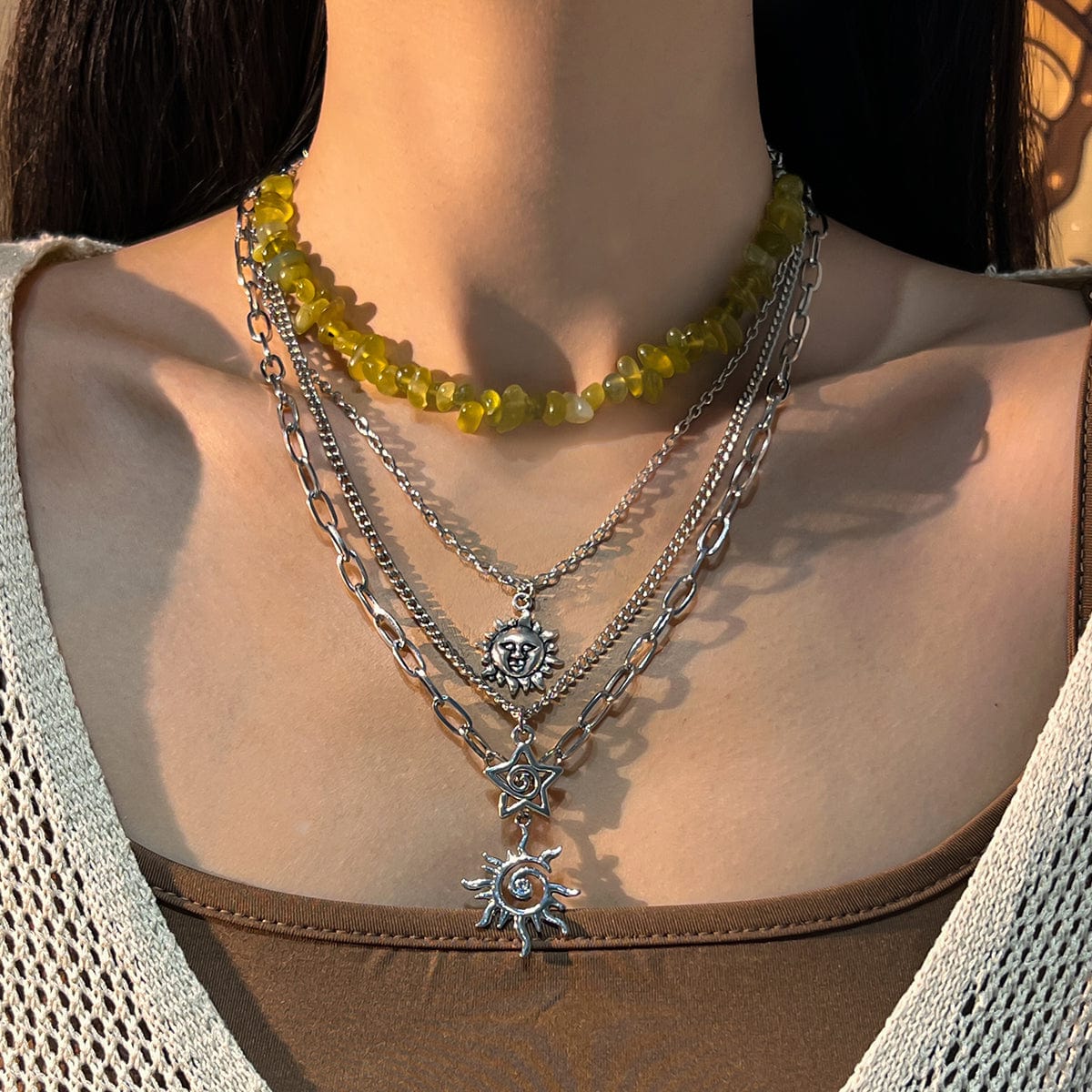 Bohemia 4pcs Sun Moon Star Pendant Crystal Stone Necklace Set - ArtGalleryZen