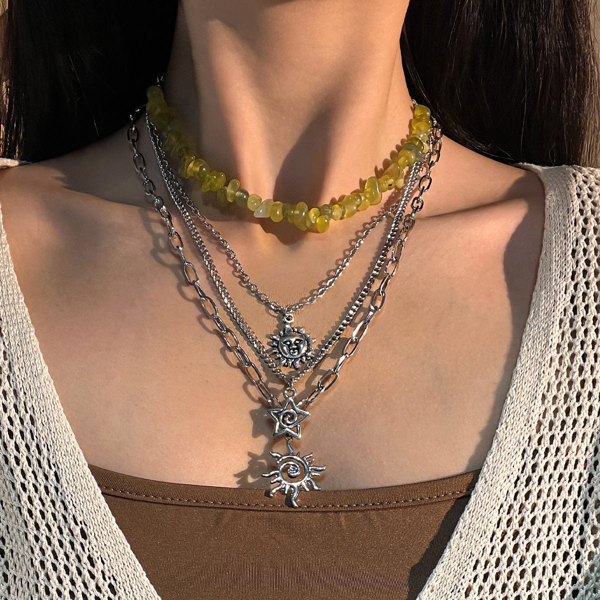 Bohemia 4pcs Sun Moon Star Pendant Crystal Stone Necklace Set - ArtGalleryZen