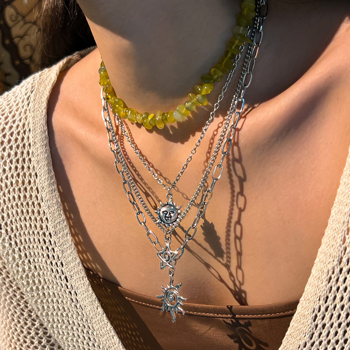 Bohemia 4pcs Sun Moon Star Pendant Crystal Stone Necklace Set - ArtGalleryZen