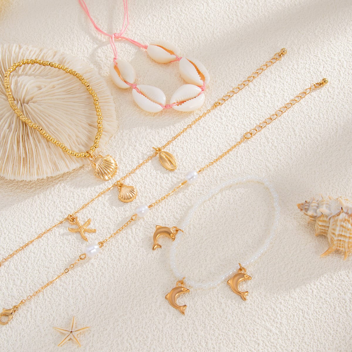 Bohemia 5pcs Dolphin Conch Starfish Charm Seed Beaded Bracelet Set - ArtGalleryZen