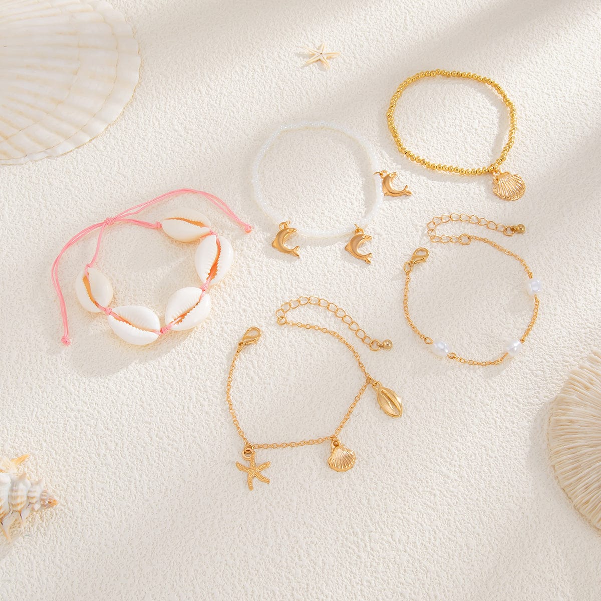 Bohemia 5pcs Dolphin Conch Starfish Charm Seed Beaded Bracelet Set - ArtGalleryZen