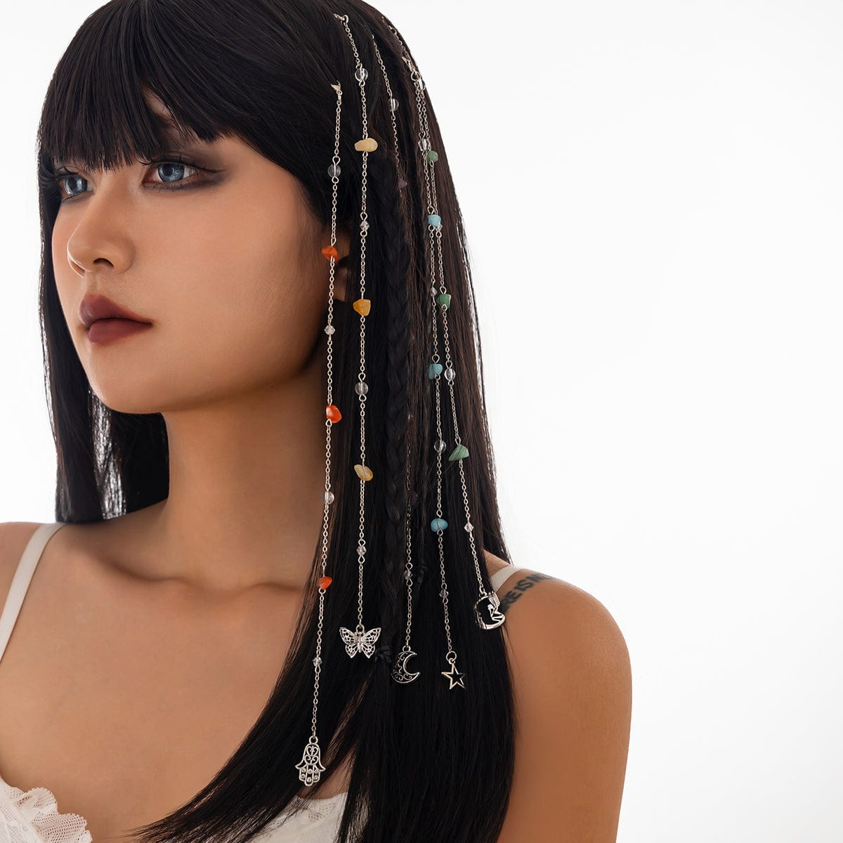 Bohemia 5pcs Moon Star Butterfly Charm Long Crystal Stone Chain Hair Braids Ring Set - ArtGalleryZen