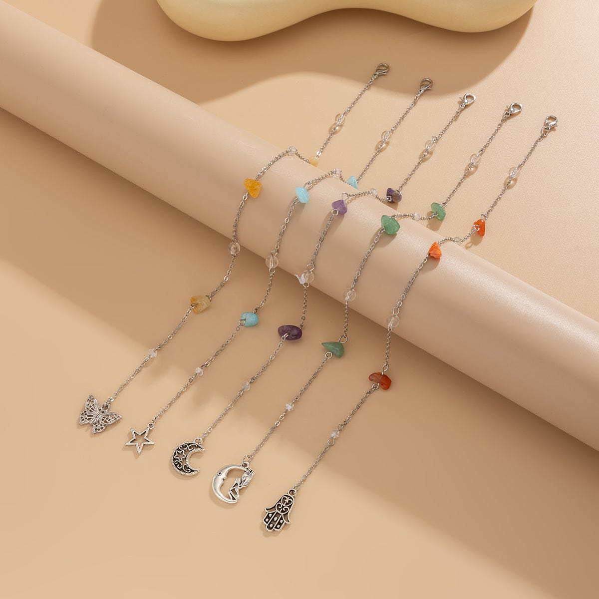 Bohemia 5pcs Moon Star Butterfly Charm Long Crystal Stone Chain Hair Braids Ring Set - ArtGalleryZen