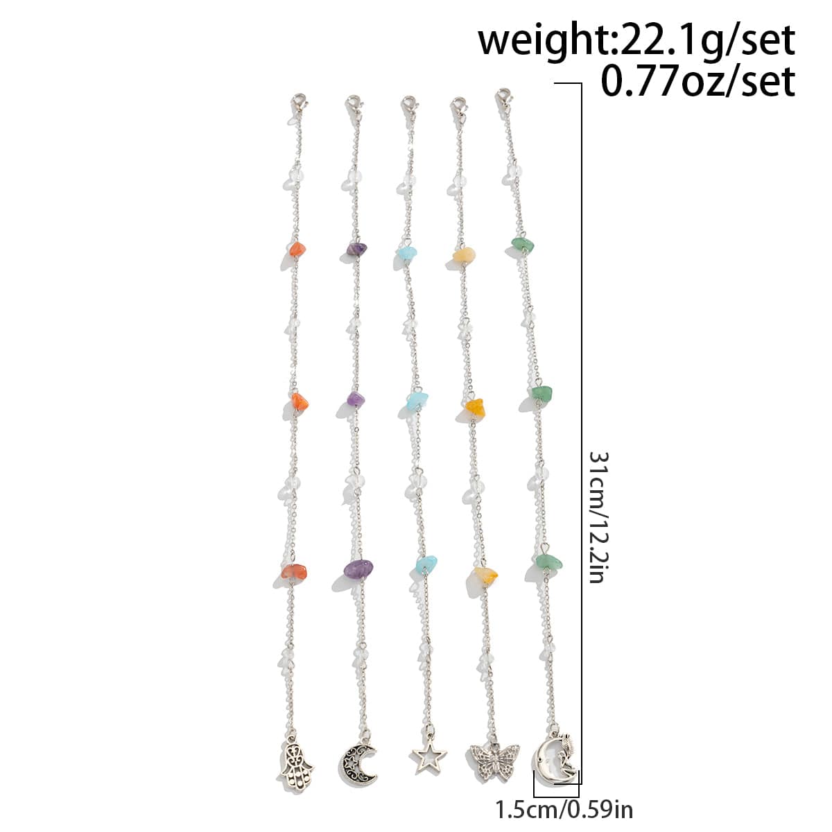 Bohemia 5pcs Moon Star Butterfly Charm Long Crystal Stone Chain Hair Braids Ring Set - ArtGalleryZen
