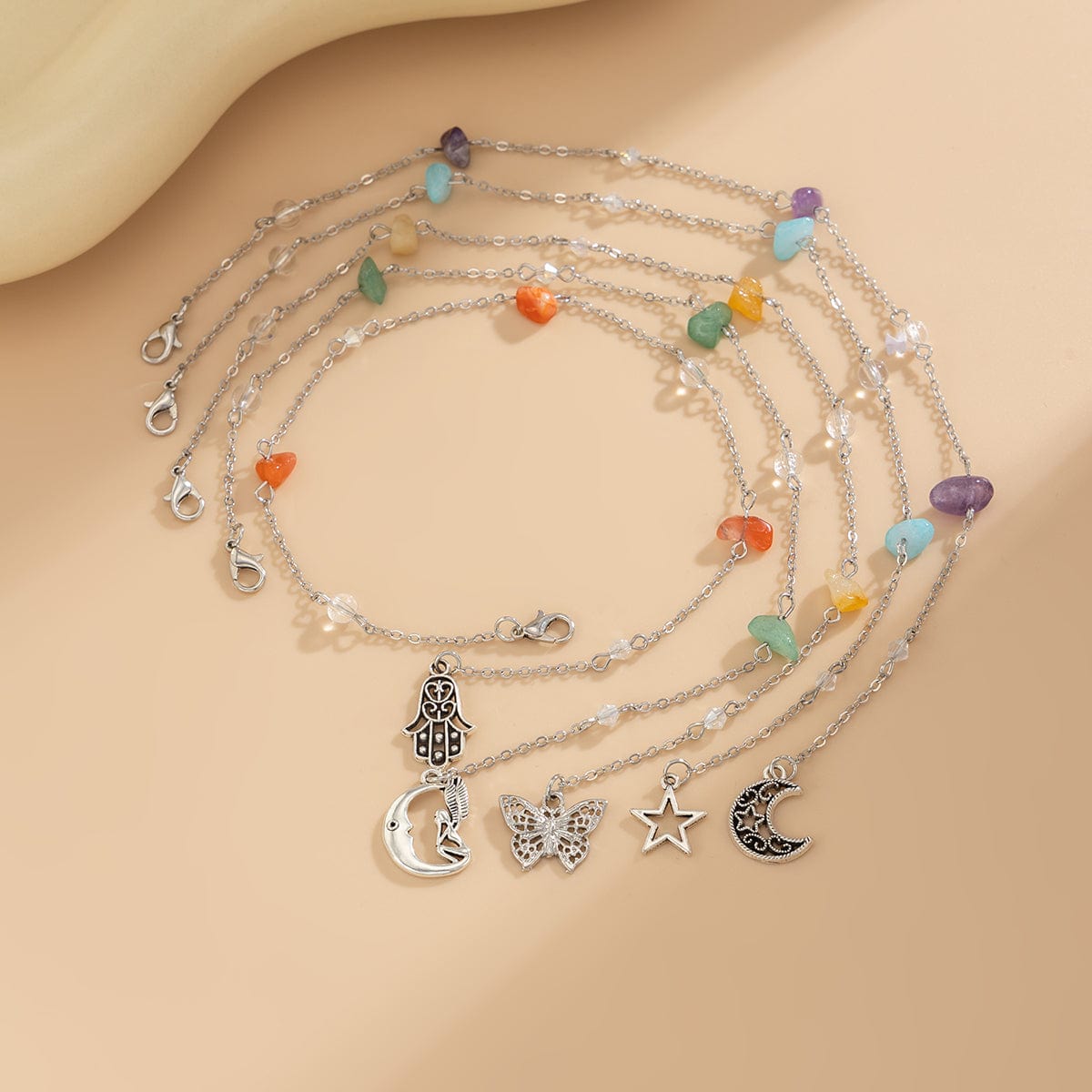 Bohemia 5pcs Moon Star Butterfly Charm Long Crystal Stone Chain Hair Braids Ring Set - ArtGalleryZen