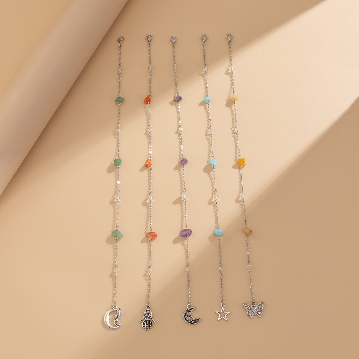 Bohemia 5pcs Moon Star Butterfly Charm Long Crystal Stone Chain Hair Braids Ring Set - ArtGalleryZen