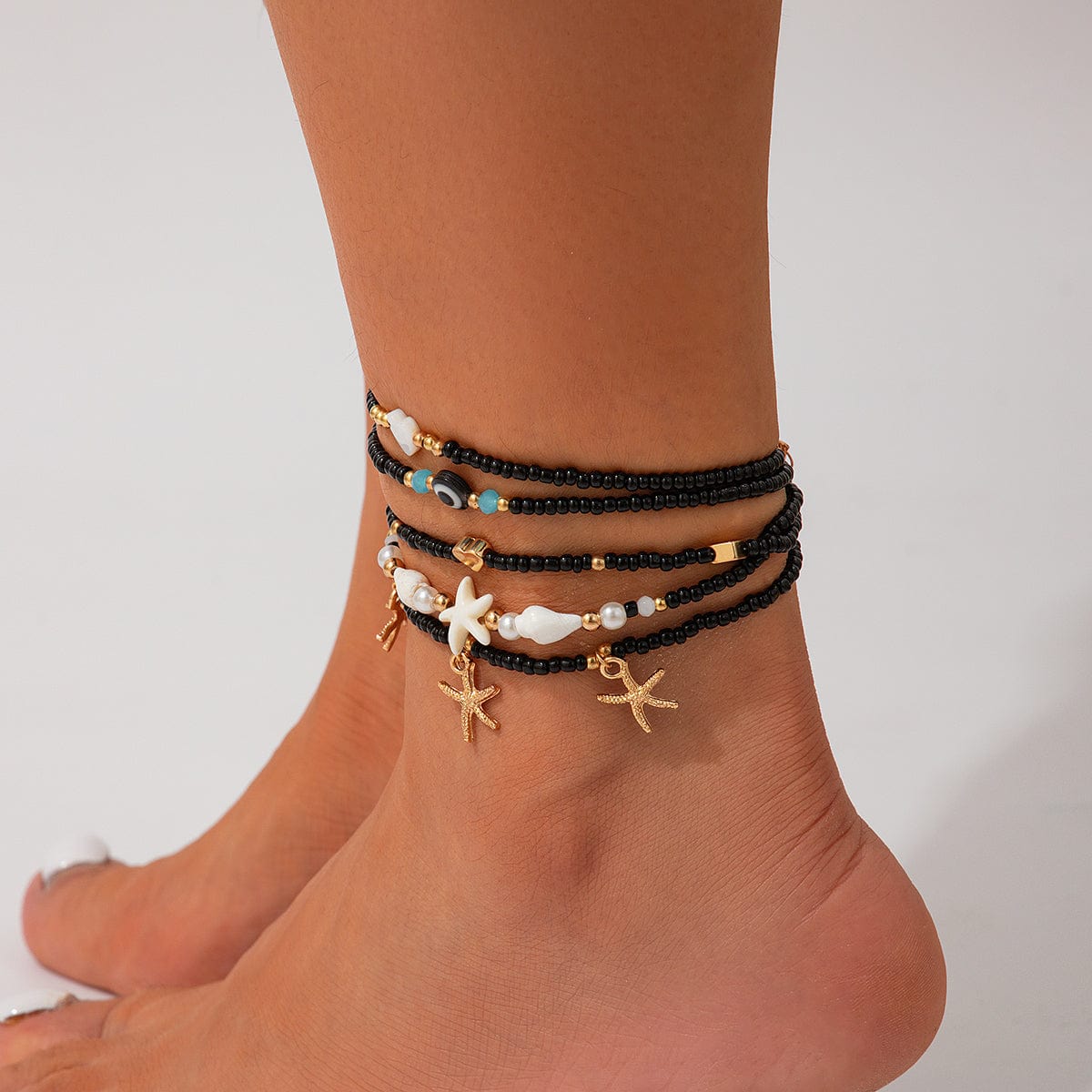 Bohemia 5Pcs Starfish Charm Conch Pearl Seed Beaded Chain Anklet Set