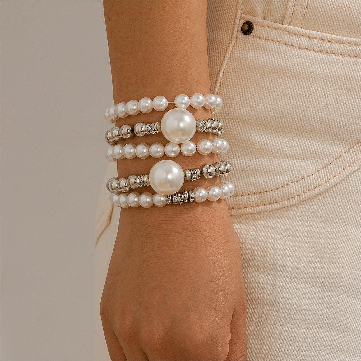 Bohemia 5Pcs Two Tone CZ Inlaid Pearl Chain Bracelet Set