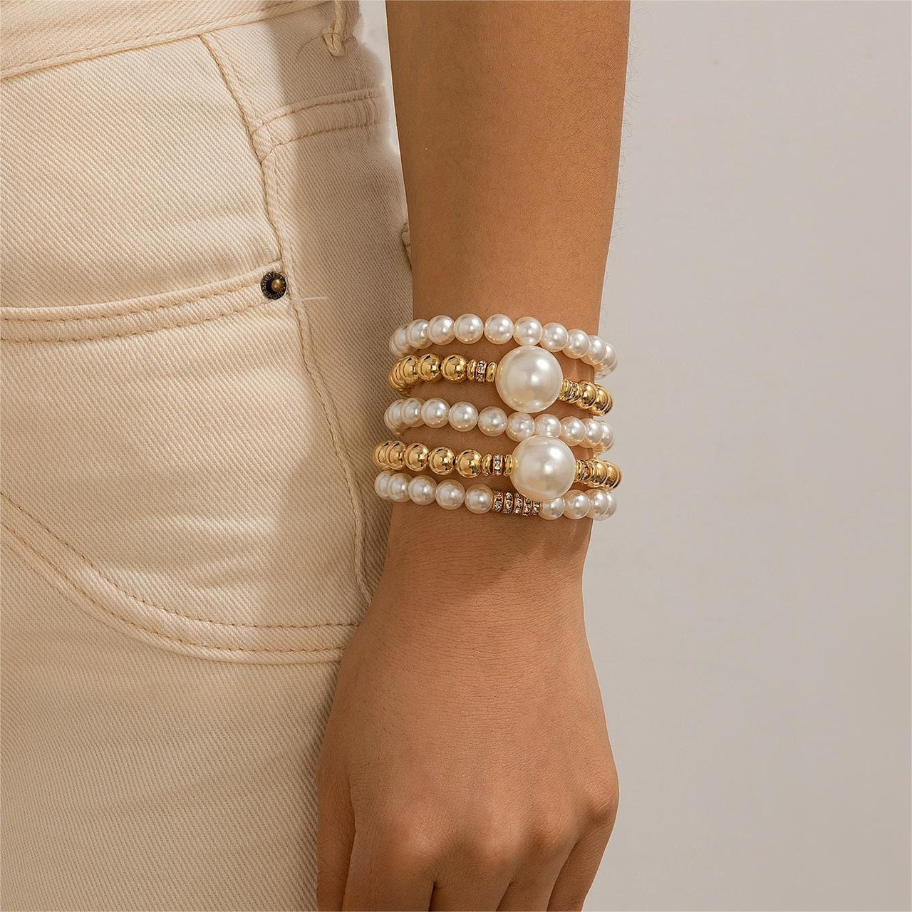 Bohemia 5Pcs Two Tone CZ Inlaid Pearl Chain Bracelet Set