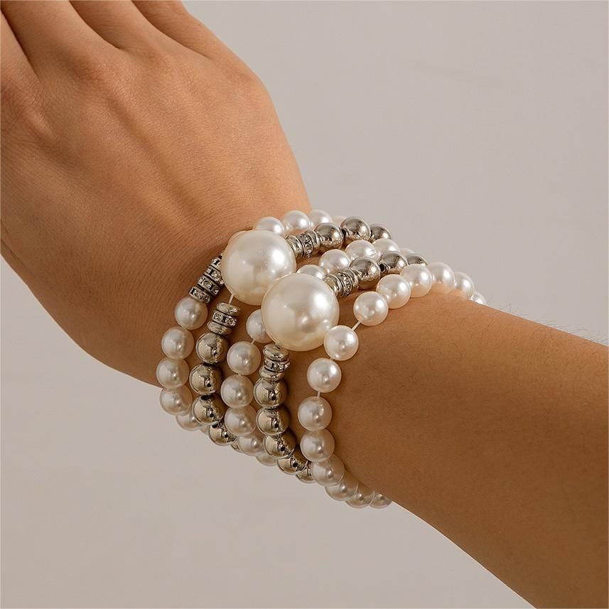 Bohemia 5Pcs Two Tone CZ Inlaid Pearl Chain Bracelet Set