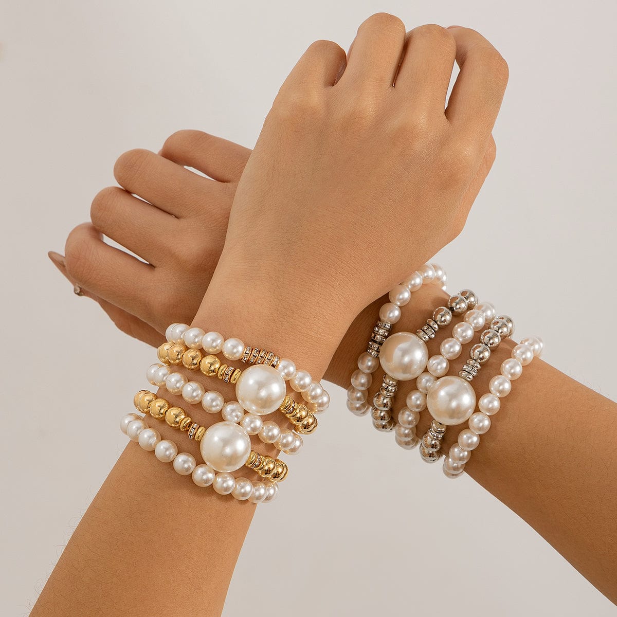 Bohemia 5Pcs Two Tone CZ Inlaid Pearl Chain Bracelet Set