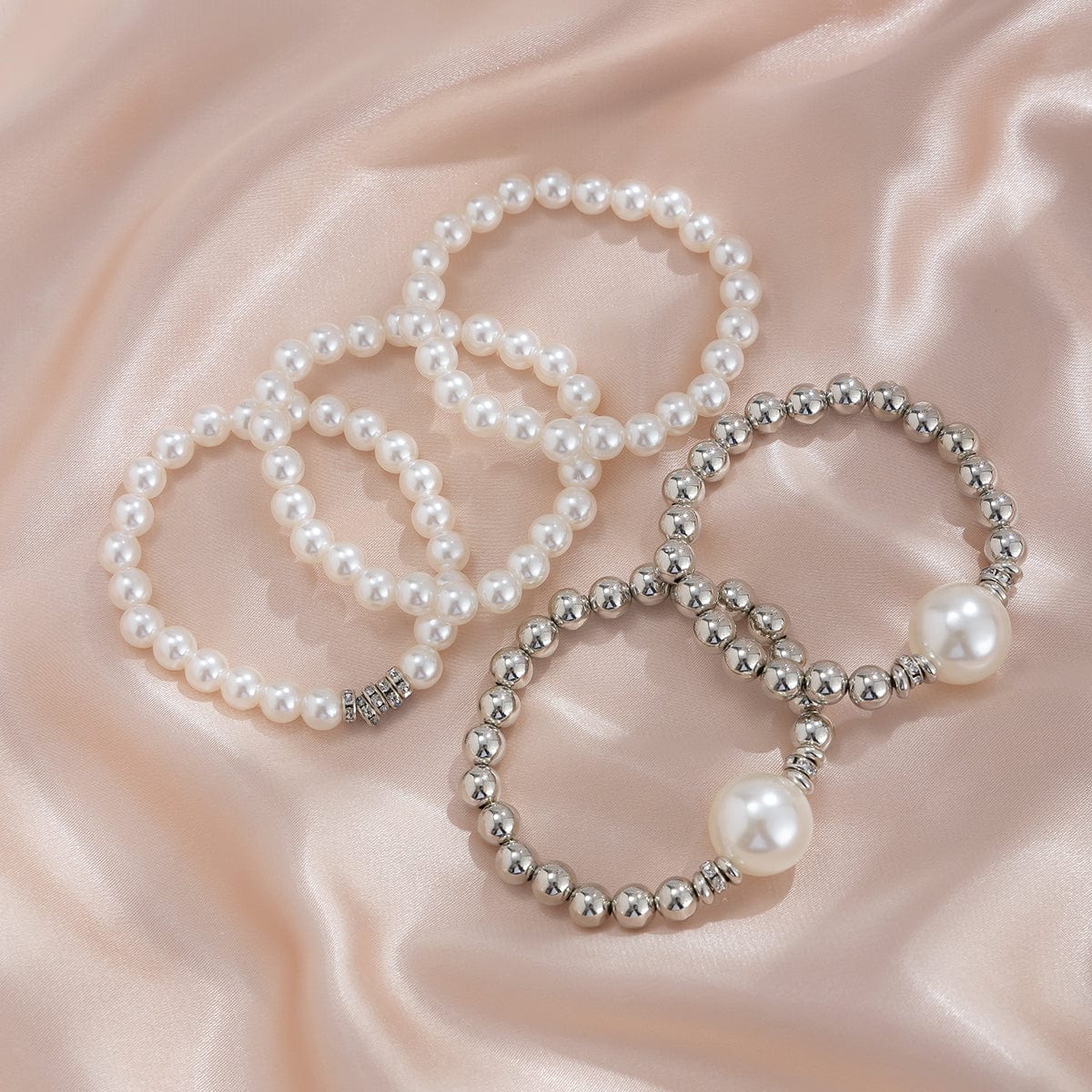 Bohemia 5Pcs Two Tone CZ Inlaid Pearl Chain Bracelet Set