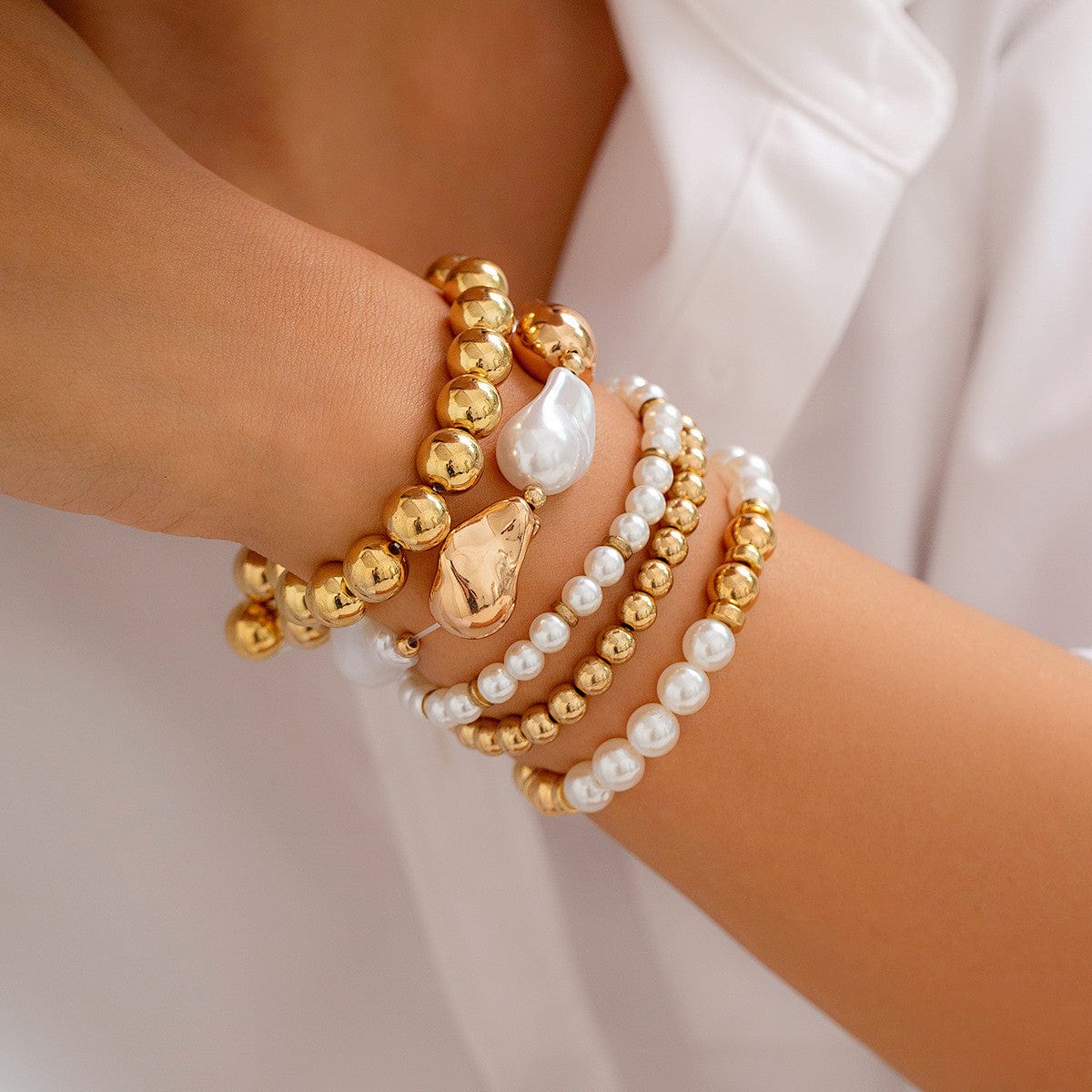 Bohemia 5pcs Two Tone Irregular Pearl Chain Bracelet Set